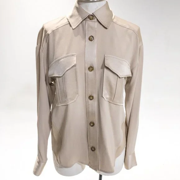 Veronica Beard M Luxe Crepe Button Down Blouse Long Sleeve Shirt Sand size 6 - Picture 5 of 16